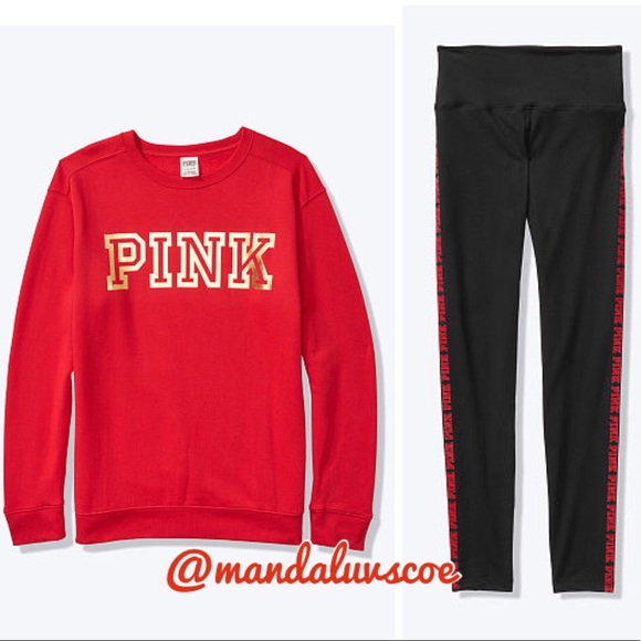 💗VS PINK RED & GOLD FOIL CREW & RED LOGO LEGGINGS - Picture 2 of 13